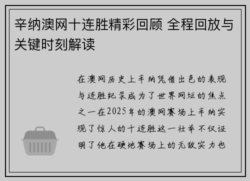 辛纳澳网十连胜精彩回顾 全程回放与关键时刻解读